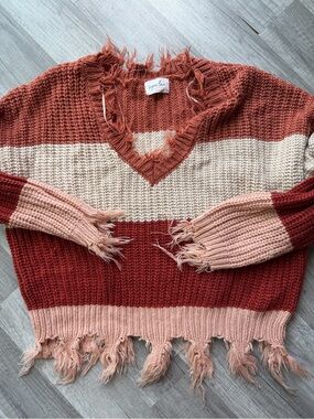 Frayed Stripe Cowl Sweater in Rust, Cream & Blush